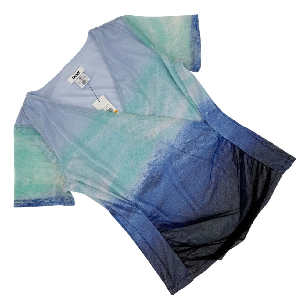 DKNY NWT Blue Toned Colour-blocked Ombre Mesh Surplice Short Sleeve Top, Small